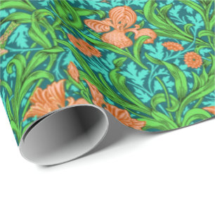 Art Nouveau Iris Print, Orange und Türkis Geschenkpapier