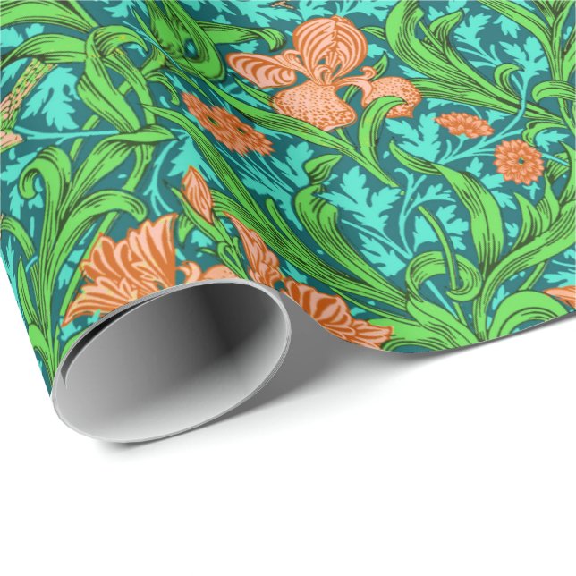 Art Nouveau Iris Print, Orange und Türkis Geschenkpapier (Rolleneckpunkt)