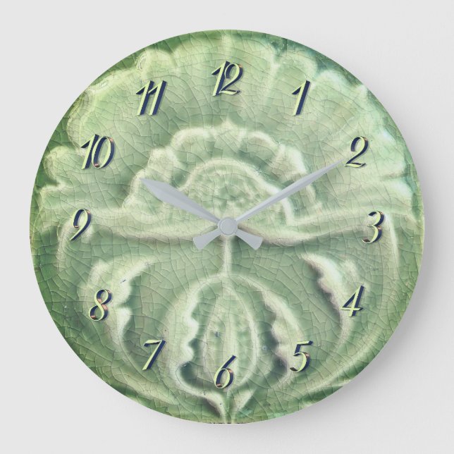 Art nouveau jugendstil flower tile crackle finish große wanduhr (Vorderseite)