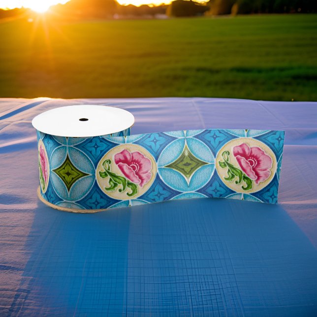 Art Nouveau Keramik Majolica Peranaka Satinband (Art Nouveau Ceramic Majolica Peranakan Floral Cake Satin Ribbon Sunset)