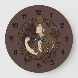 Art Nouveau Lange Dunkelhaarige Frau Große Wanduhr