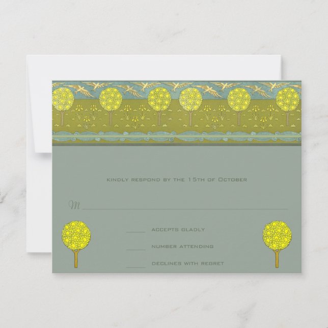 Art Nouveau Lemon Yellow Aquamarin Blue Tree RSVP Karte (Vorderseite)