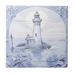 Art Nouveau Leuchtturm Ozean Blau und Weiß Fliese
