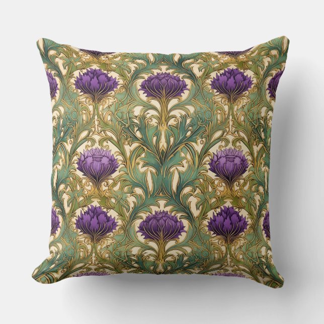 Art Nouveau lila goldenes Dickicht-Muster Kissen (Vorderseite)