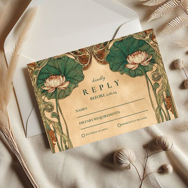 Art Nouveau Lotus Floral Wedding RSVP Karte (Von Creator hochgeladen)