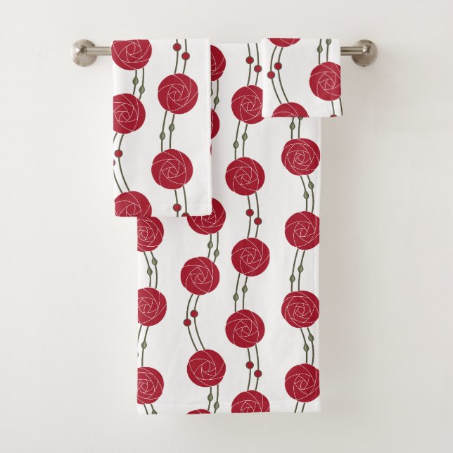 Art Nouveau Mackintosh Rose Stripes Red Badhandtuch Set (Insitu)