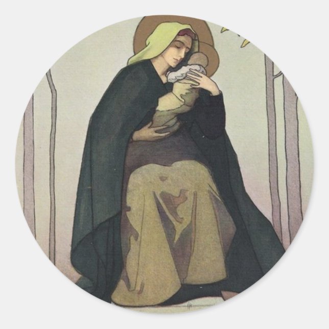 Art Nouveau Madonna und Kind Weihnachtskarte Runder Aufkleber (Vorderseite)
