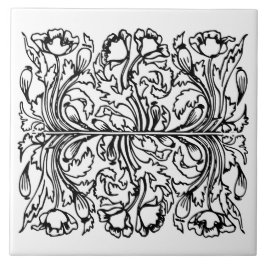 Art Nouveau Mohn floral Schwarz-weiß elegant Fliese