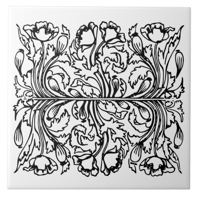 Art Nouveau Mohn floral Schwarz-weiß elegant Fliese (Vorderseite)