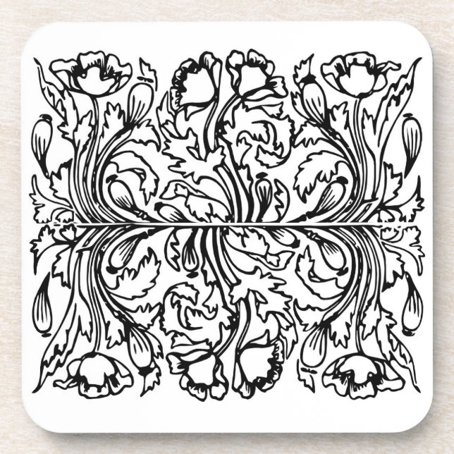 Art Nouveau Mohn floral Schwarz-weiß elegant Getränkeuntersetzer (Vorderseite)