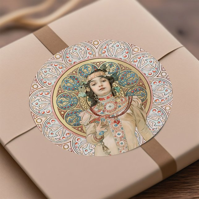Art Nouveau Mucha Sarah Bernhardt Champagne Gold C Runder Aufkleber (Von Creator hochgeladen)