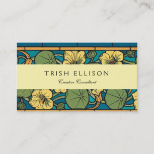 Art Nouveau Nasturtium Blau Gold floral Verneuil Visitenkarte