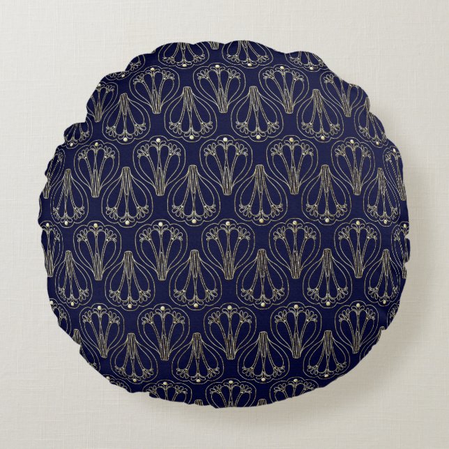 Art Nouveau Navy Blue und Gold Rundes Kissen (Vorderseite)
