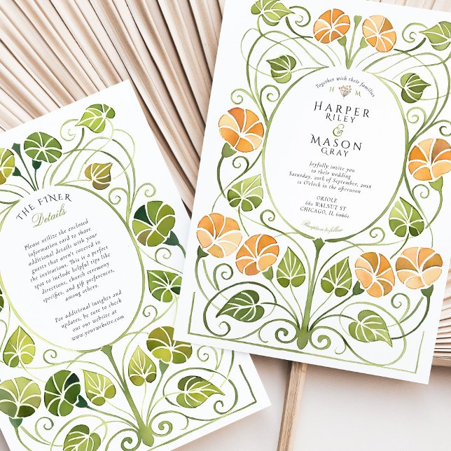 Art Nouveau Orange Greenery Foliage Wedding Einladung (Von Creator hochgeladen)