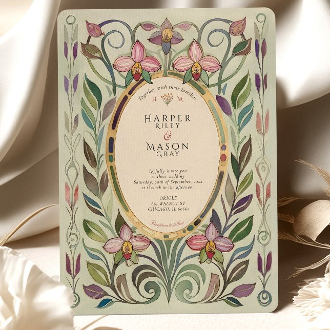 Art Nouveau Orchid & Foliage Gold Hochzeit Einladung (Von Creator hochgeladen)