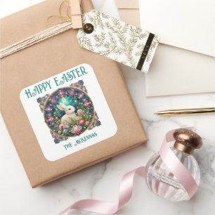 Art Nouveau-Osterhase mit floralem Buntglas Quadratischer Aufkleber