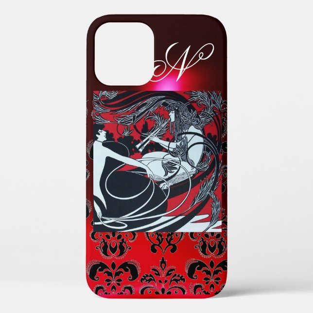 ART NOUVEAU PAN , RED SCHWARZ-WEISS DAMASK MONOGRA Case-Mate iPhone HÜLLE (Rückseite)