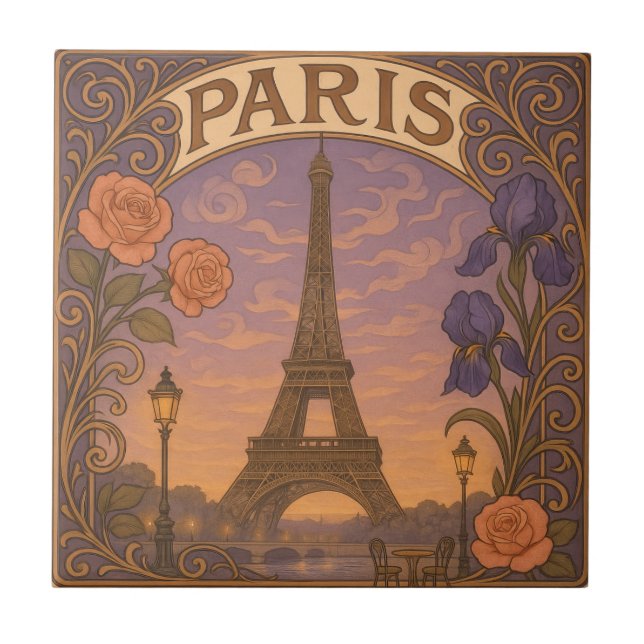 Art Nouveau Paris Eifel Tower Floral Fliese (Vorderseite)