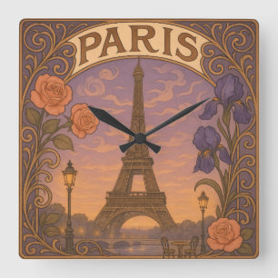 Art Nouveau Paris Eiffel Tower Floral Quadratische Wanduhr