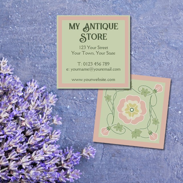 Art Nouveau Pastel Rose Vert Carré Carte de visite (Créateur téléchargé)