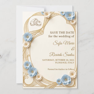 Art Nouveau Pastell Blau Gold Hochzeit Save The Da Magneteinladung