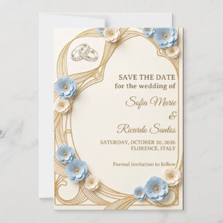 Art Nouveau Pastell Blau Gold Hochzeit Save The Da Magneteinladung