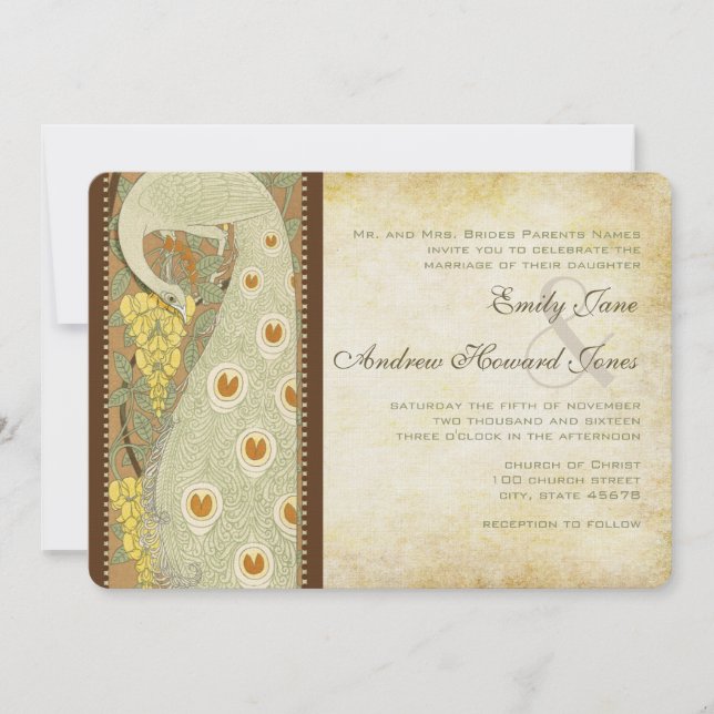 Art nouveau Peacock Birds Faire-part de mariage 3 (Devant)