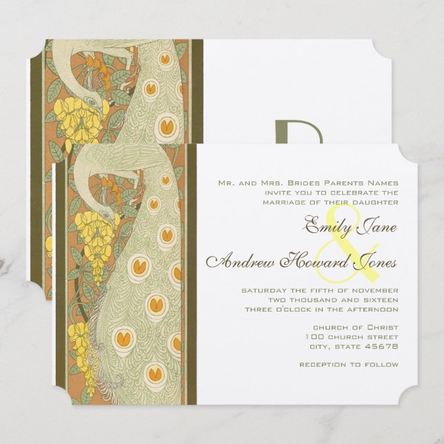 Art Nouveau Peacock Birds Hochzeit Einladung (Vorne/Hinten)