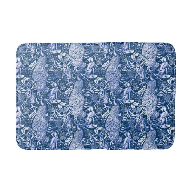 Art Nouveau Peacock Print, Blau und Weiß Badematte (Vorderseite)
