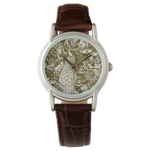 Art Nouveau Peacock Print, Brown and Creme Armbanduhr