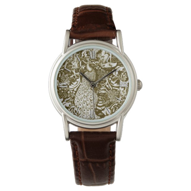 Art Nouveau Peacock Print, Brown and Creme Armbanduhr (Vorderseite)