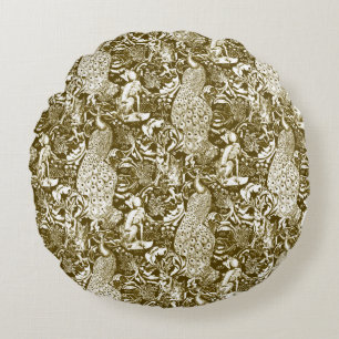 Art Nouveau Peacock Print, Brown and Creme Rundes Kissen