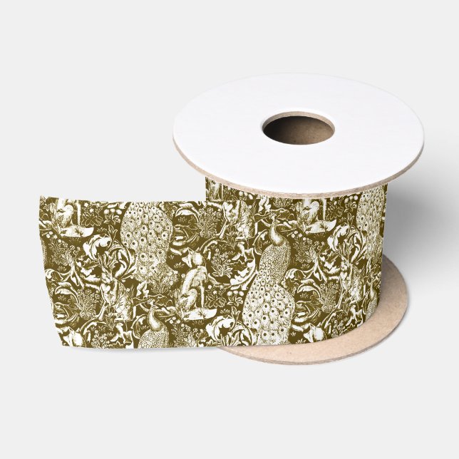 Art Nouveau Peacock Print, Brown and Creme Satinband (Spule)