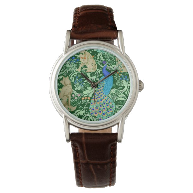 Art Nouveau Peacock Print, Cobalt Blue & Green Armbanduhr (Vorderseite)