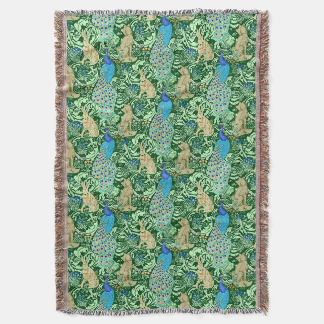 Art Nouveau Peacock Print, Cobalt Blue & Green Decke (Vorderseite Vertikal)
