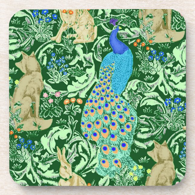 Art Nouveau Peacock Print, Cobalt Blue & Green Getränkeuntersetzer (Vorderseite)