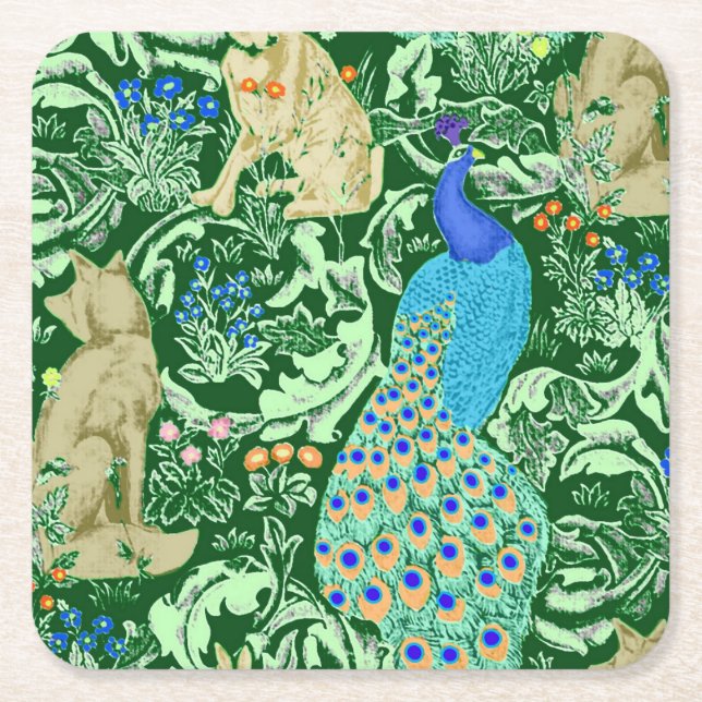 Art Nouveau Peacock Print, Cobalt Blue & Green Rechteckiger Pappuntersetzer (Vorderseite)