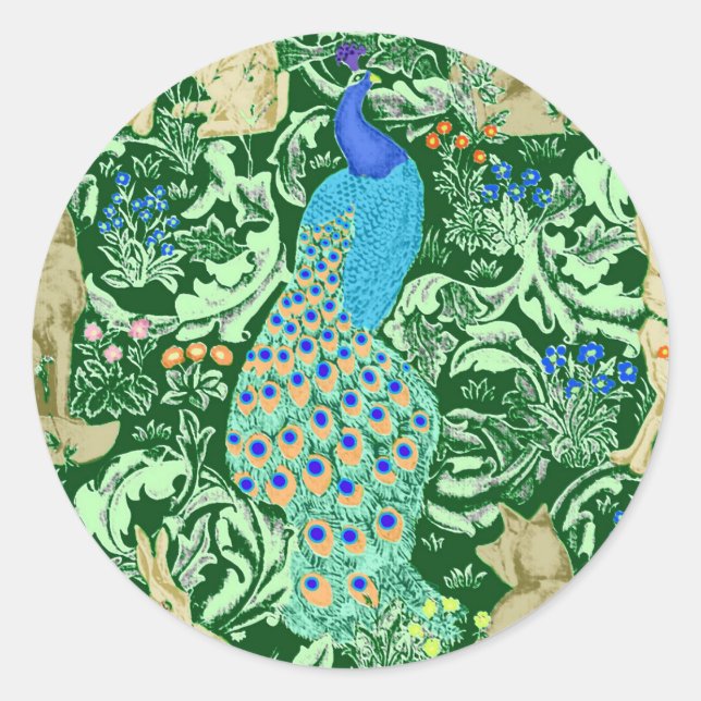 Art Nouveau Peacock Print, Cobalt Blue & Green Runder Aufkleber (Vorderseite)