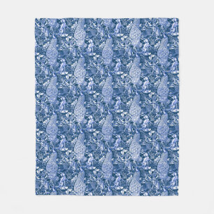 Art Nouveau Peacock Print, Marine und Weiß Fleecedecke