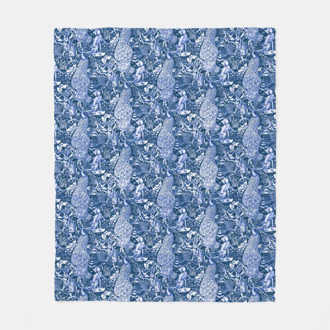 Art Nouveau Peacock Print, Marine und Weiß Fleecedecke (Vorderseite)