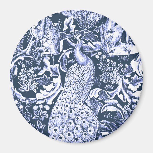 Art Nouveau Peacock Print, Marine und Weiß Magnet (Vorne)