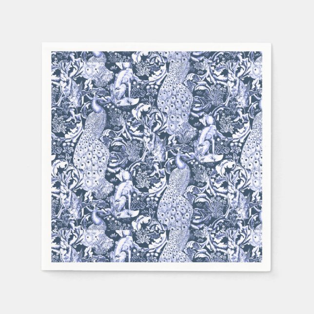 Art Nouveau Peacock Print, Marine und Weiß Serviette (Vorderseite)