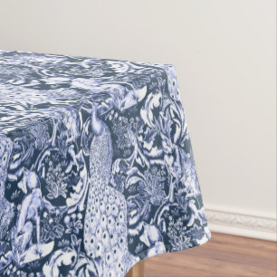 Art Nouveau Peacock Print, Marine und Weiß Tischdecke