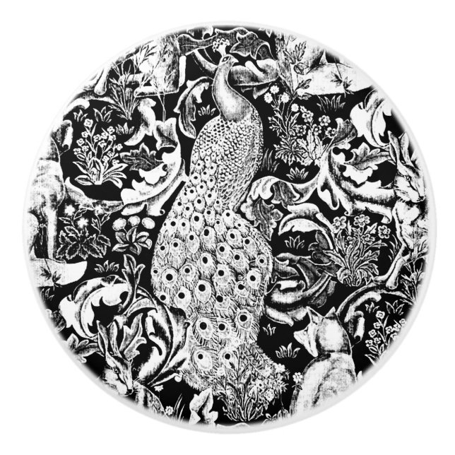 Art Nouveau Peacock Print, Schwarz/Weiß Keramikknauf (Vorderseite)