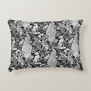 Art Nouveau Peacock Print, Schwarz/Weiß Zierkissen