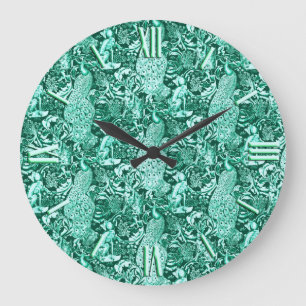 Art Nouveau Peacock Print, Turquoise and Aqua Große Wanduhr