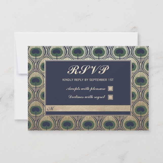 Art Nouveau Peacock Wedding RSVP Cards Goldene Fos (Vorderseite)