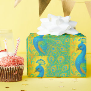 Art Nouveau Peacock Yellow Damask Muster Geschenkpapier