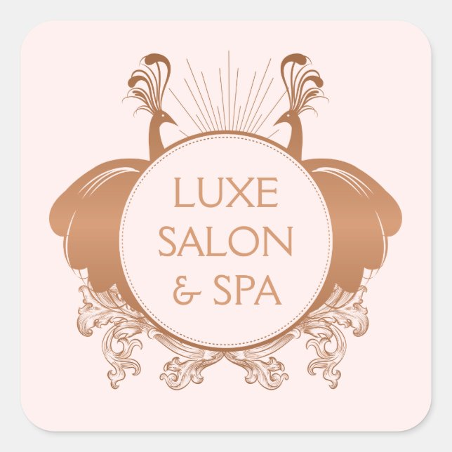 Art Nouveau Peacocks Logo Rose Gold/Pink Quadratischer Aufkleber (Vorderseite)