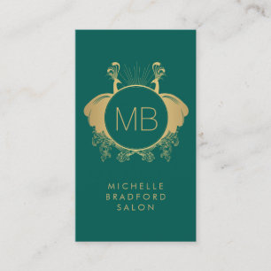 Art Nouveau Peacocks Monogram Logo Gold/Green Visitenkarte